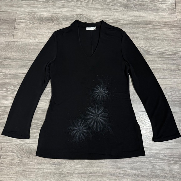 CDC Black Long Sleeve V Neck Tunic Stretch Top Embellished Floral Beaded Size 12 - Picture 9 of 12